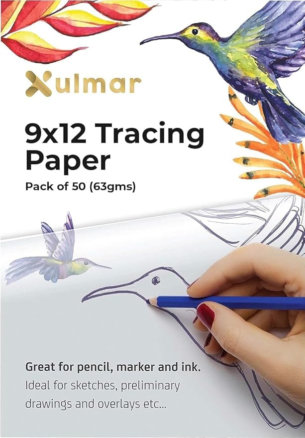 Xulmar Tracing Paper 9x12 63 GSM - Pack of 50 Sheets Tracing Paper for Sewing Patterns, Drawing Overlays & Sketching on Art Paper & Sketch Book