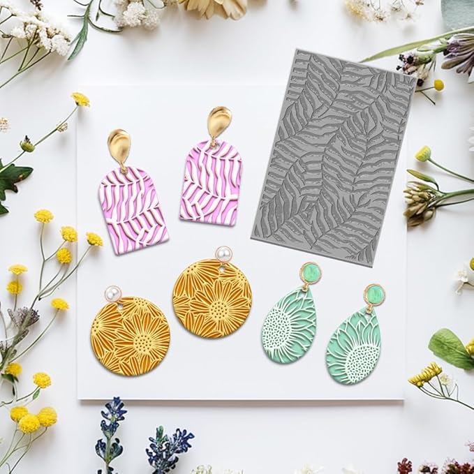 4PCS Polymer Clay Flowers Leaves Texture Sheets Set for Using with Clay Cutters, Boho Clay Texture Mats, Jewelry Making DIY Craft Tools