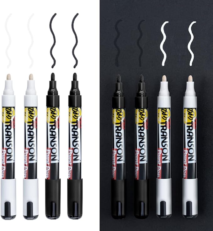 TRANSON 2 Black and 2 White Permanent Paint Markers for Fabric Rock Craft Diy Painting Medium Tip Oil Based Waterproof