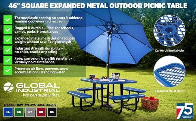 Global Industrial 46" Square Picnic Table, Expanded Metal, Blue Thermoplastic Coating, Attached Benches, 1-1/2” Umbrella Pole Hole, Outdoor-Rated, 1000 lb Capacity