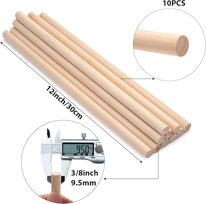 3/8 x 12 Wooden Dowels Wood Sticks for Crafts, 10 PCS Wood Dowel Rods, Round Macrame Dowels, Unfinished Hardwood Sticks for Crafting, Arts and DIYers, Tiered Cake Support and Wedding Ribbon Wands