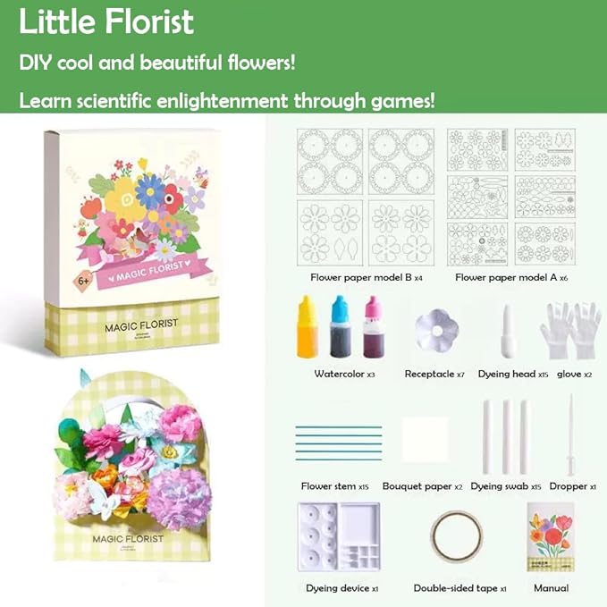 Science Craft Kit: Color Mixing & Dyeing Paper Flower Bouquet for Adults, Teens & Kids 8-12. Handmade Craft for Women's Group Activities & Stem Family Fun, Gift for Birthday Christmas, (Green Florist)