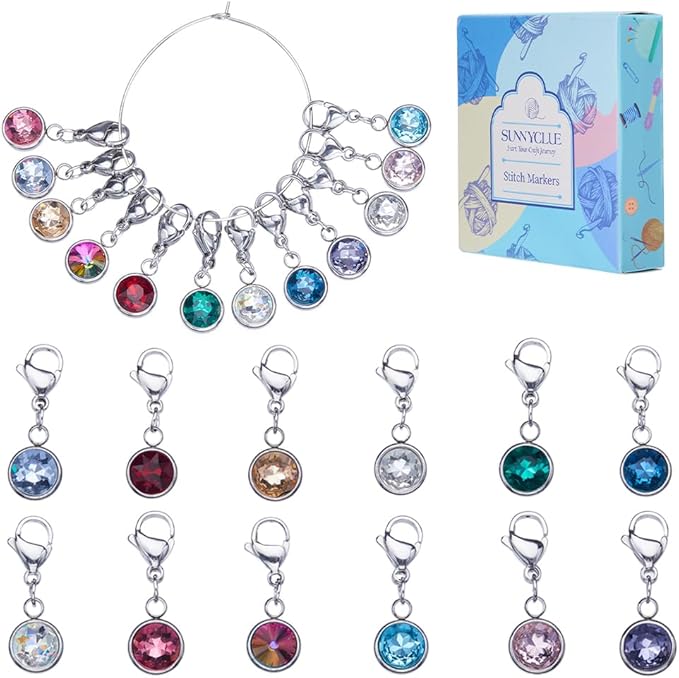 SUNNYCLUE 1 Box 12pcs Knitting Stitch Markers Knitting Crochet Markers Rhinestone Crystal Brirthstone Charms Crochet for Weaving Sewing Needleworks DIY Craft Gift Supplies