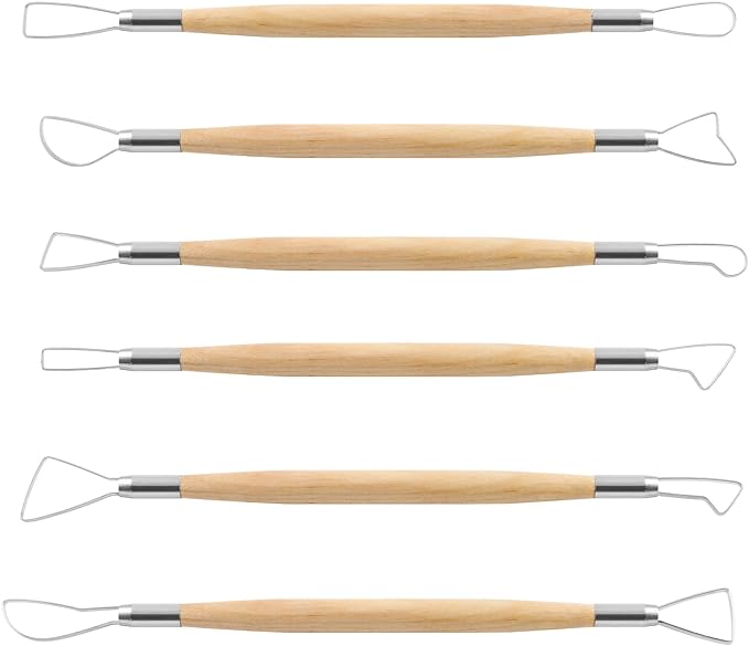 Suiwotin 6pcs Double-Sided Clay Sculpting Tools, Wooden Handle Ribbon Clay Tools, Pottery Trimming Tool, Clay Wire Loop Sculpture Set for Ceramic, Wax Carving Modeling