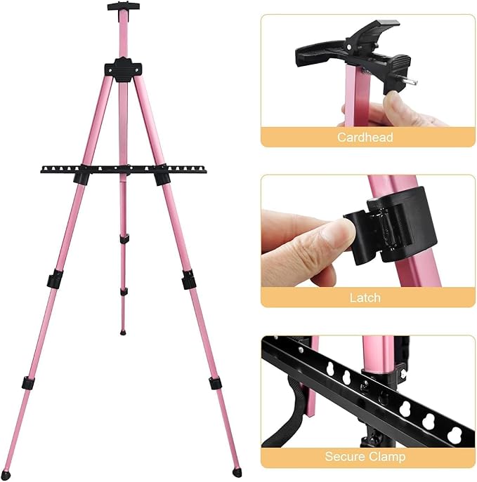 RRFTOK Artist Easel Stand, Aluminum Metal Adjustable Easel for Painting Canvases Height from 17 to 66 Inch,Carry Bag for Table-Top/Floor Drawing and Displaying(Pink)