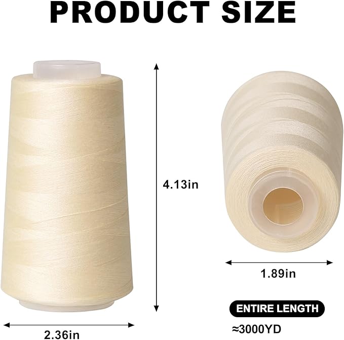 Sewing Thread Cone Set, 2 Pack Serger Thread, 3000 Yards Each, All Purpose Thread for Sewing, Quilting, Machines, Overlock, Merrow & Hand Embroidery (Beige*2)