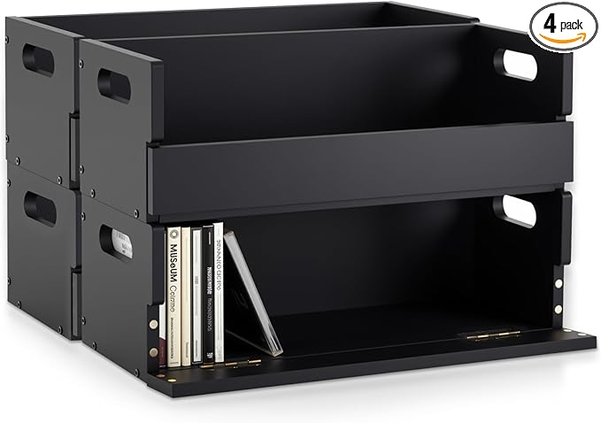 4 Set Wooden CD Storage Box Holder Shelf Cassette Tape Display Racks with Carrying Handles, Organizer Shelf for Movie Cases, DVDs, Each Set Can Store up to 36 Pcs CDs (Black)
