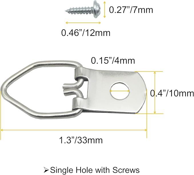 100 Pack Small D-Ring Steel Picture Hangers with Screws Picture Frames Picture Hang Solutions, for Hanging Clock Paintings Artwork Picture Frame Hook Photos