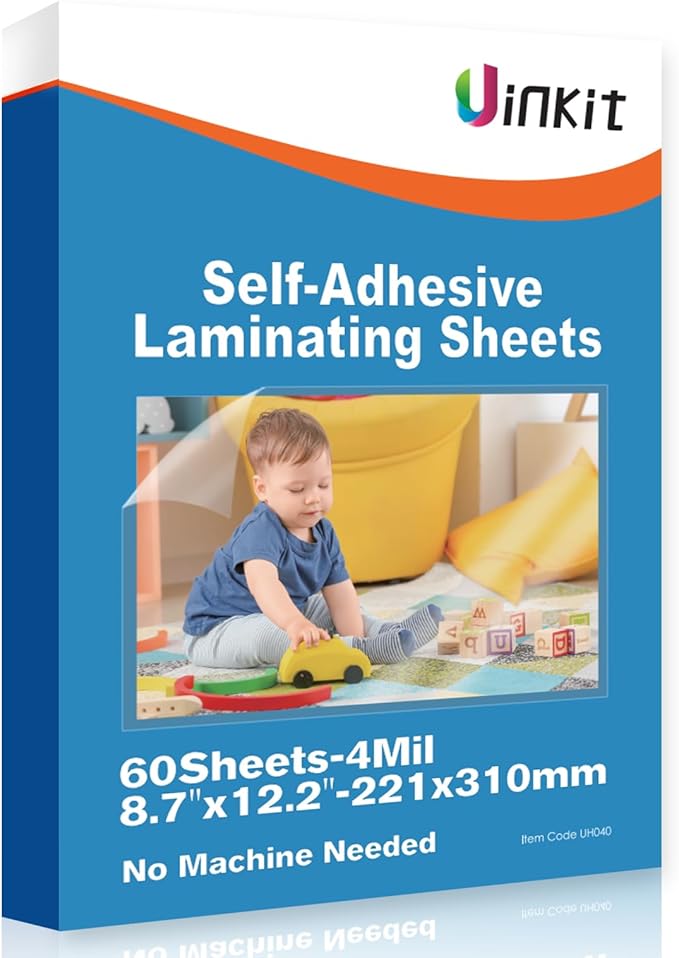 Uinkit 4Mil Thicker Single-Sided Self-Adhesive Laminating Sheets, 60Pack (More Value) Letter Size 8.5x11"- Peel & Stick for Teachers, Office & Home Crafting - No Heat Machine Needed