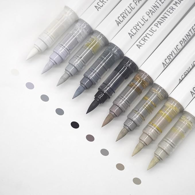 Water Based Acrylic Paint Markers, 9 Colors Acrylic Paint Pens Set with Soft Brush Tip, Marker Pen for Rock Painting, Egg, Wood, Glass, Paper, Mugs, Acrylic Painter Ink (Gray Brown Series)