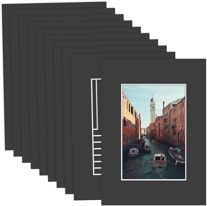 MBC Mat Board Center, 10 Pack 5x7 for 3.5x5 Black Picture Mats Frame Mattes, Bevel Cut, Acid Free, 4-ply Thickness