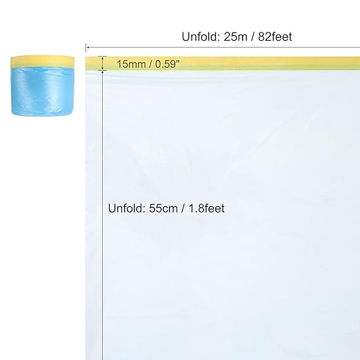 uxcell Pre-Taped Masking Film, 1.8ft x 82ft Plastic Paint Drop Cloth with Medium-Tack Painters Tape for Painting Spraying Protection Blue Film 3Pcs