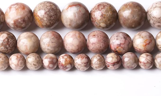 32PCS 12MM Flowery Cowry Fossil Stone Beads Energy Healing Beads for DIY Jewelry Bracelet Necklace Making for Jewelry Making15Inch