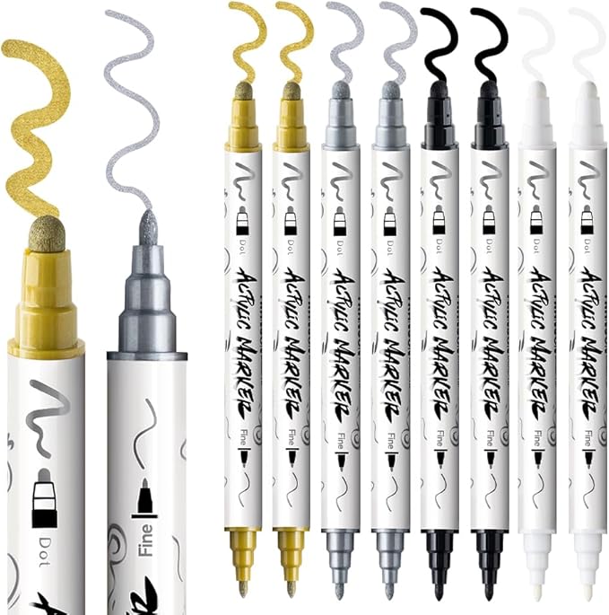 TRANSON 2 Gold, 2 Silver, 2 Black and 2 White Paint Markers Bold and Fine Dual-tip Acrylic Paint Marker Set for Rock Painting Glass Canvas Wood Leather Ceramic Painting