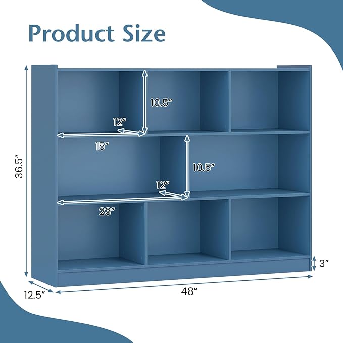 Toy Storage Organizer, 2-Tier Kids Bookshelf, 5 Cube Kids' Bookcases, Cabinets & Shelves, Wooden Toy Organizers, Small Book Shelf for Bedroom, Playroom, Classroom, Nursery (Blue, 3-Tier)