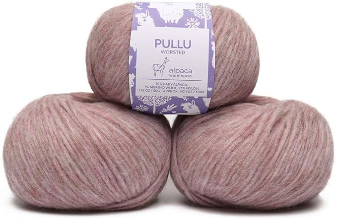 Pullu - Baby Alpaca Merino Wool Yarn Set of 3 Skeins (150 Grams) Worsted Weight - Sourced Directly from Peru - Heavenly Soft and Perfect for Knitting and Crocheting (Lilac Rose)