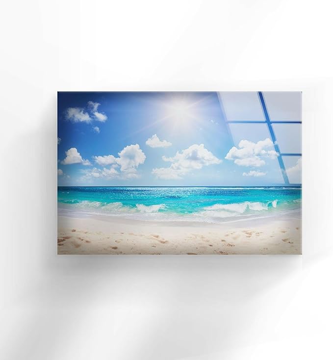 My Photostation.com 60WX40H'' Summer Beach Landscape Glass Wall ArtTempered Glass Printing Wall Decor Large Wall Art Wall Hangings