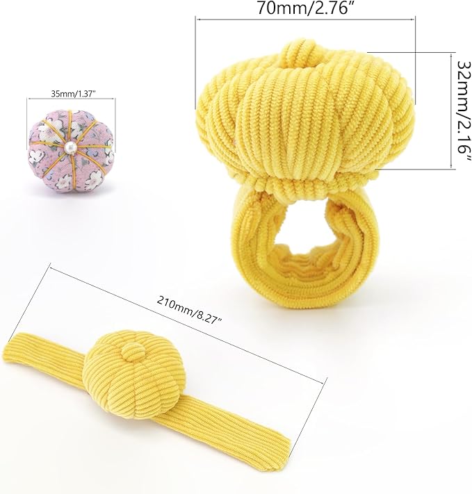 Wrist Pin Cushions Kits Sewing Needle Holder Pincushions with 1 Pcs Elastic Band Ring Pillow Shape Finger Pin Cushion for Sewing Quilting Needlework DIY Crafts. (Yellow)