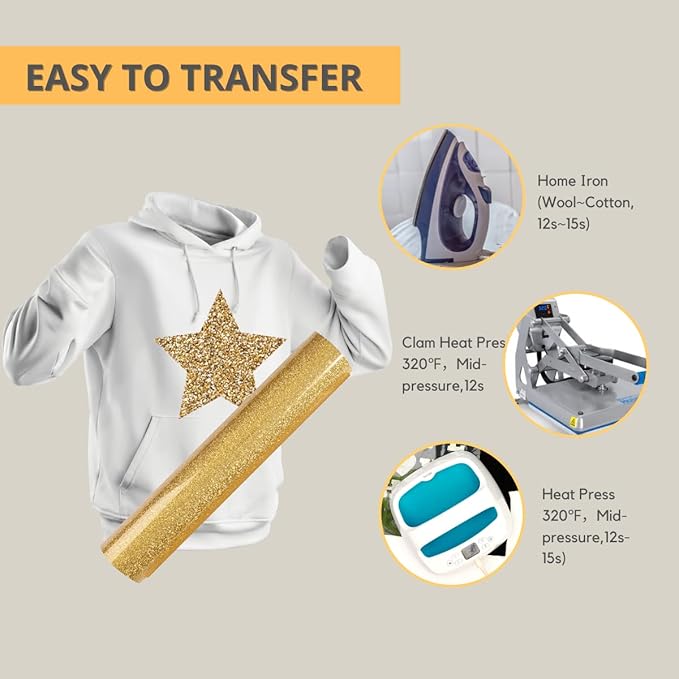 Gold Glitter HTV Roll -12" x10ft Iron on Heat Transfer Vinyl for DIY Shirts Gifts(Old Gold)
