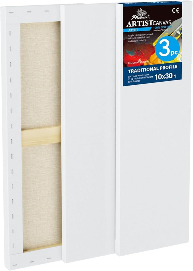 PHOENIX 10x30 Inch 3 Pack Artist Canvas - Large Skinny Stretched Canvases for Painting - 3/4 Inch Profile, 100% Cotton 11 Oz. Gesso Primed White Blank Professional Canvas Oil & Acrylic Paints