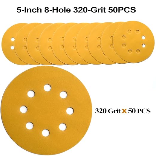 5-Inch 8-Hole Hook and Loop Sanding Discs 320-Grit Random Orbit Sandpaper, 50-Pack