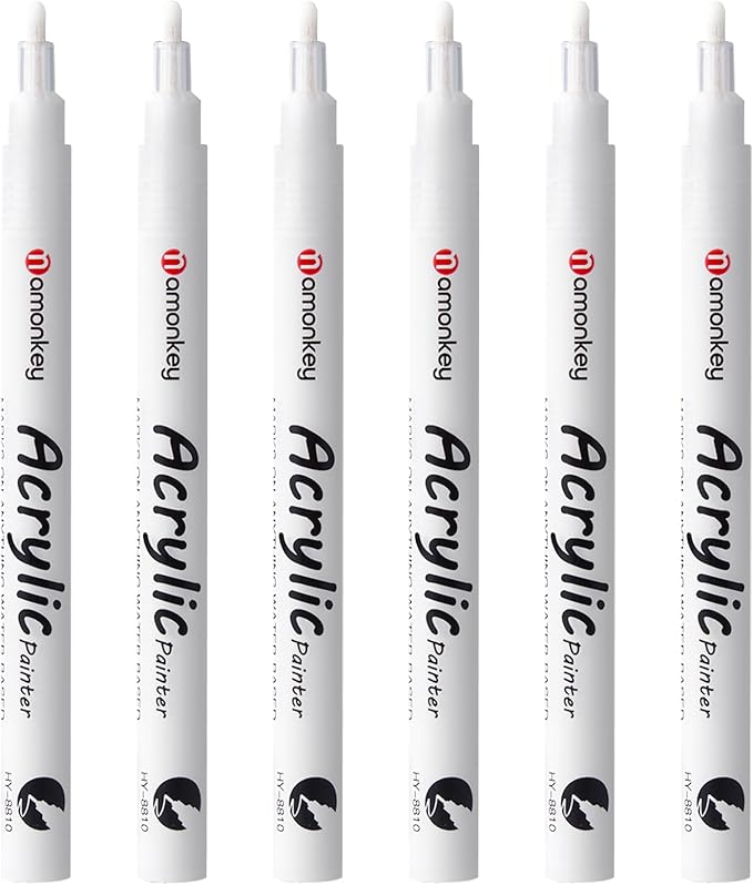 White Paint Marker Pens 6 Pack 1.2mm Fine Tip, Permanent Acrylic Ink for Rock, Wood, Metal, Glass, Ceramic, Plastic, Canvas, Pens for DIY Crafts, Art & Fine Detailing