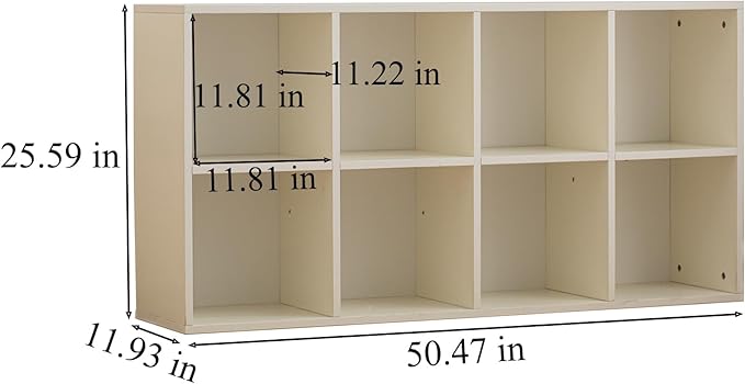 Wood 8-Compartment Storage Cabinet 8-Cube Storage Cabinet Organizer Wooden Cubby Bookshelf White 2 tier Open Cabinet Qquare Cubby Shelf for Home Office Living Room (8-Cube, 11 in Shelf Opening)
