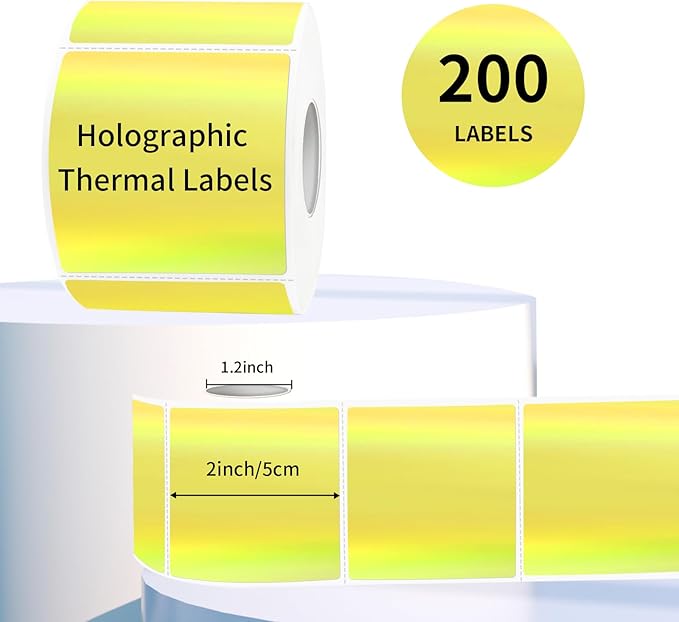 Square Thermal Labels Stickers 2" x 2", Holographic Thermal Stickers Labels, Self-Adhesive Glitter Direct Thermal Label for Small Business, DIY Design- Holographic Yellow