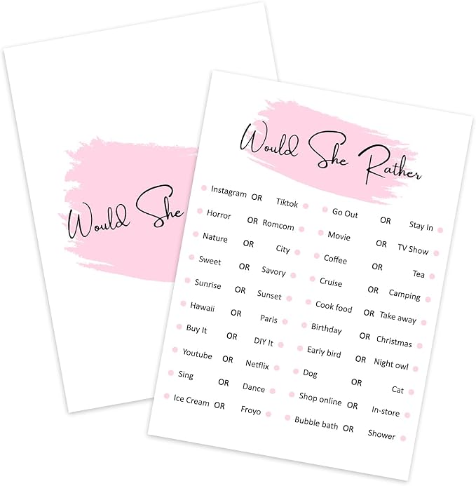 Would She Rather, Birthday Party Games, Girl Birthday Sleepover Party Favor, Set of 20 Games Cards, Teen Girls Birthday Supplies, Activity, Decorations -B06, Medium