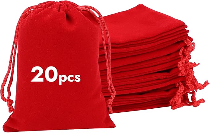 Shintop 20pcs Velvet Bags with Drawstrings, 4x6inch Red Gift Bags Jewelry Pouches for Dice Wedding Party Favor