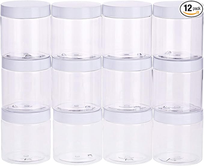 Chuangchou Empty Clear Plastic Storage Favor Jars Wide-mouth Plastic Containers with White Lids (12 Pack) for Beauty Products, DIY Making or Others (8 oz)