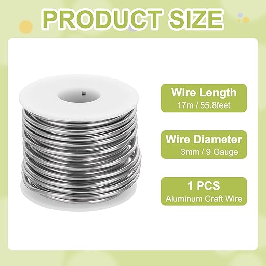 MECCANIXITY 9 Gauge Anodized Aluminum Craft Wire Bendable Bonsai Training Wire 56 Feet 3mm for Sculpting Crafts Wreath Floral Beading Jewelry Making, Silver Tone