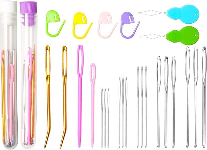 Hekisn 45Pcs Large Eye Blunt Yarn Needles kit, Assorted Sizes Bent Tapestry Darning Needle, Sewing Needles with Needle Threaders & Stitch Markers for Knitting Crochet (Purple&White)