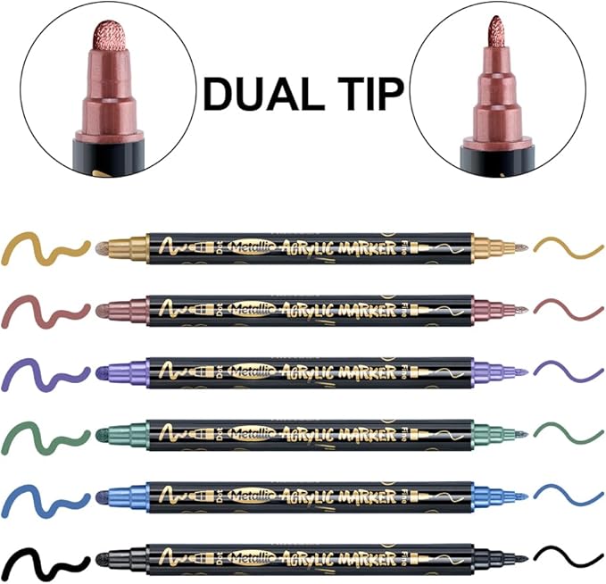 TRANSON 12Colors Metallic Paint Markers Bold and Fine Dual-tip for Rock Wood Ceramic Canvas DIY Painting Drawing