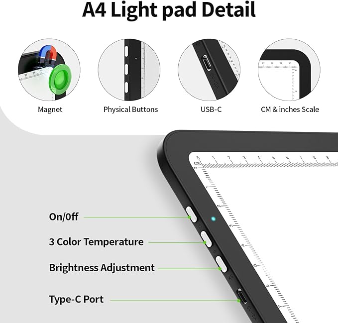 Zocelight Rechargeable A4 Tracing Light Box with Padded Case,Ultra Bright Led Light Pad with Physical Button,Wireless Light Board for Diamond Painting,Dimmable 9000LUX Lightbox for Tracing and Drawing