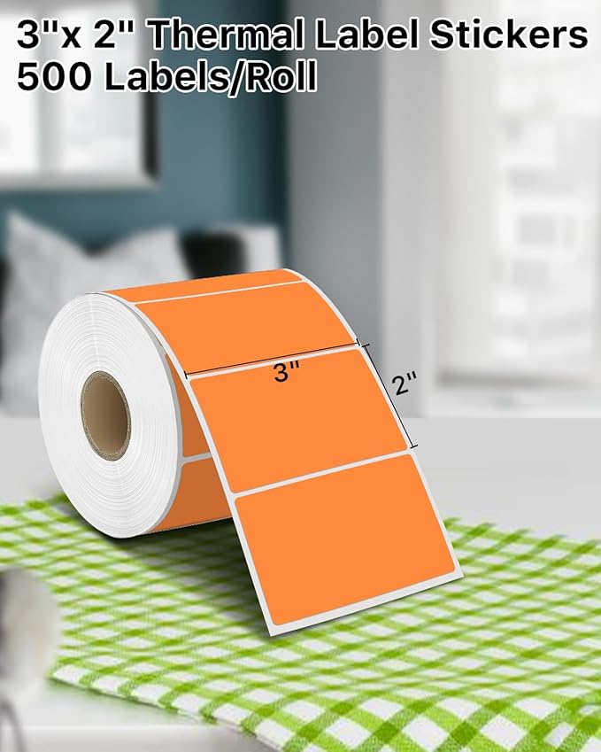 iEager 3" x 2" Thermal Labels, Rectangle Thermal Printer Stickers, Self-Adhesive Durable Sticker with Perforation Line, 500 Labels/Roll, Orange