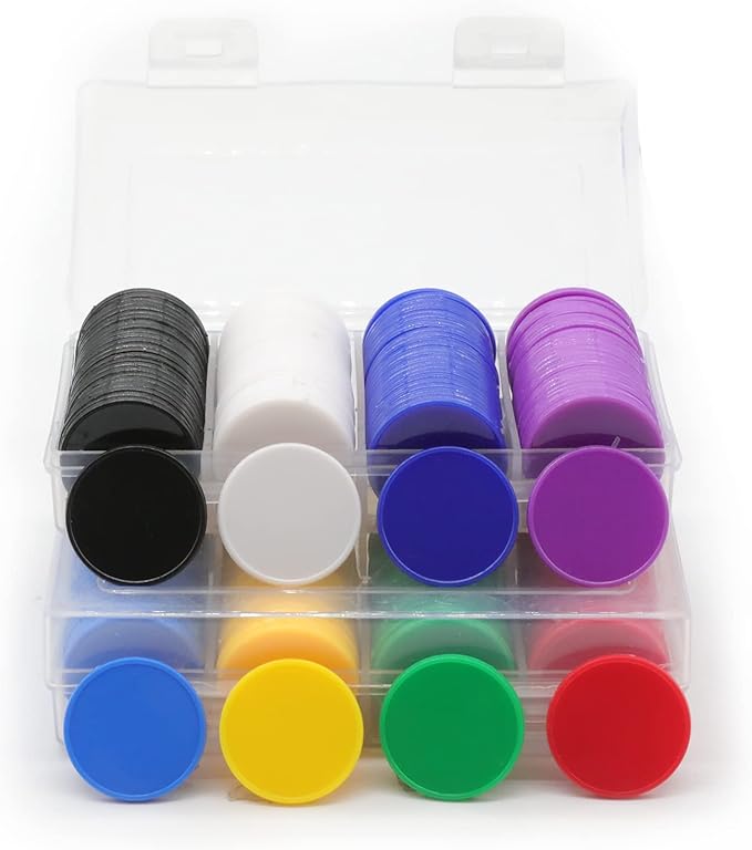 Set of 100 Opaque Plastic Learning Counters Mini Poker Chips Game Tokens with Storage Box (Black+White+Blue+Purple, 1 Inch)