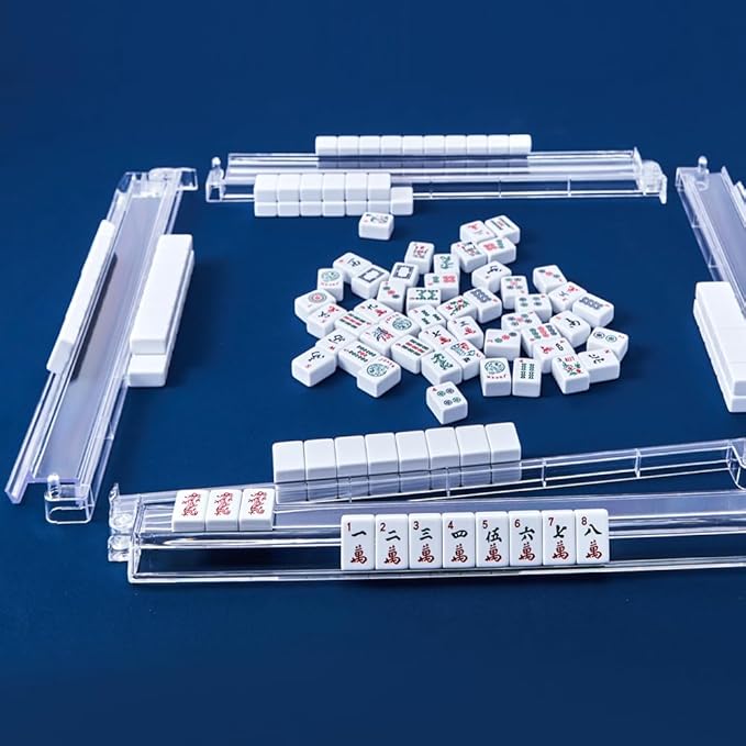 Mahjong Racks with Pushers, Clear Acrylic American Majiang Tile Racks, Enhanced Mah Jongg Tile Holders Set of 4 with 3 Goldern Dics (Transparency