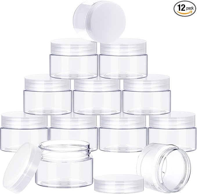 SATINIOR 12 Pack 16 oz Plastic Container Jars with Lids Round Clear Travel Cosmetic Container Slime Jars for Toiletries, Lotion, Cream, Ointments, Makeup, Rhinestone, Samples, Kitchen Storage(Clear)