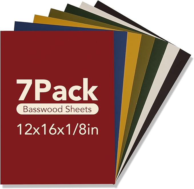 ROBOTIME 7-Pack Double-Sided Colored 1/8" Plywood Sheets - 12 x 16 x 1/8 Inch - Roller-Coated Solid Color 3mm Craft Wood Sheets for Laser Cutting - Assorted Colors - WB123