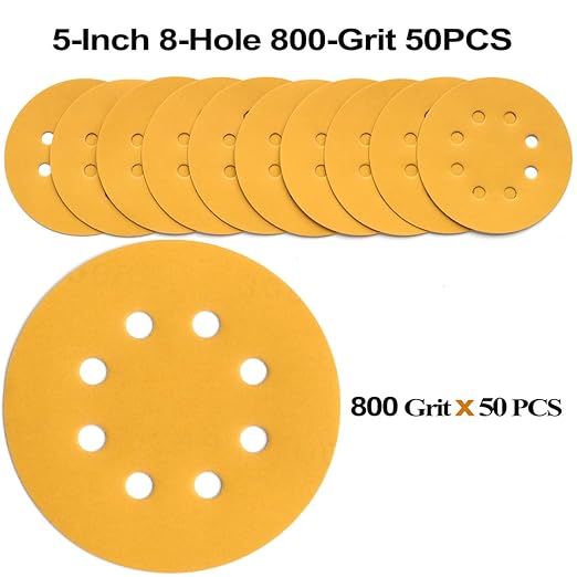 5-Inch 8-Hole Hook and Loop Sanding Discs 800-Grit Random Orbit Sandpaper, 50-Pack