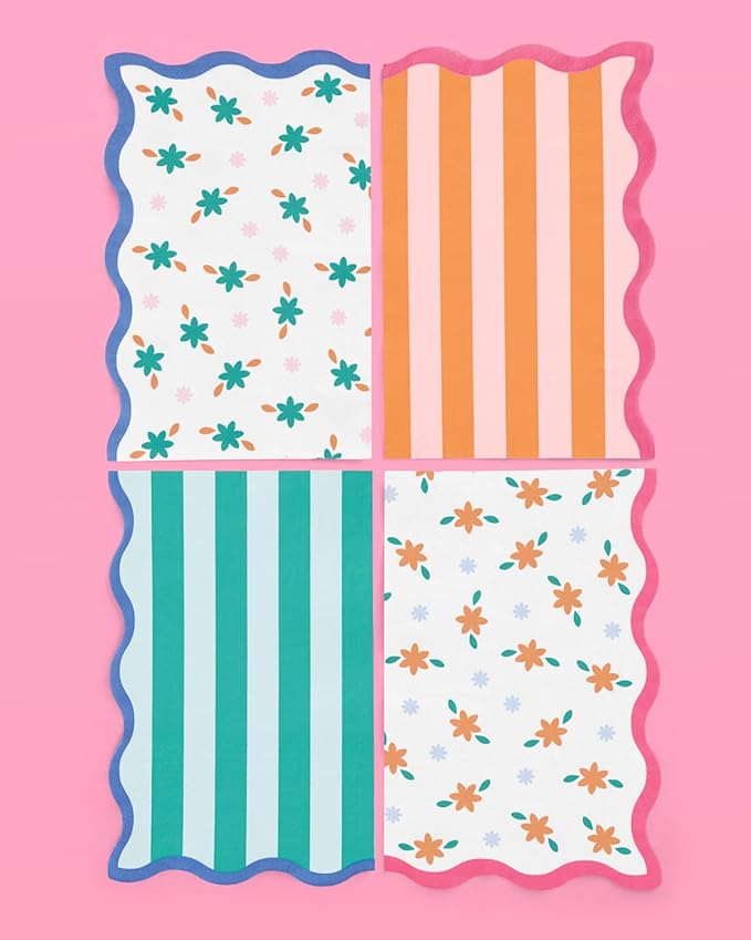 xo, Fetti Italian Summer Wavy Floral Stripe Napkins - 3-ply, 24 pcs | Bachelorette Party Decorations, Last Toast Coast, Birthday Party Supplies, Flower Baby Shower, Stripe Wavy Cocktail Decor