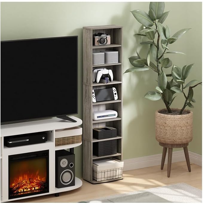 Adjustable Shelves Multimedia Storage Tower Rack with Spacious Media Organization, Durable Design, Versatile Rack for DVDs, CDs, Games, and More French Oak/8 Tier