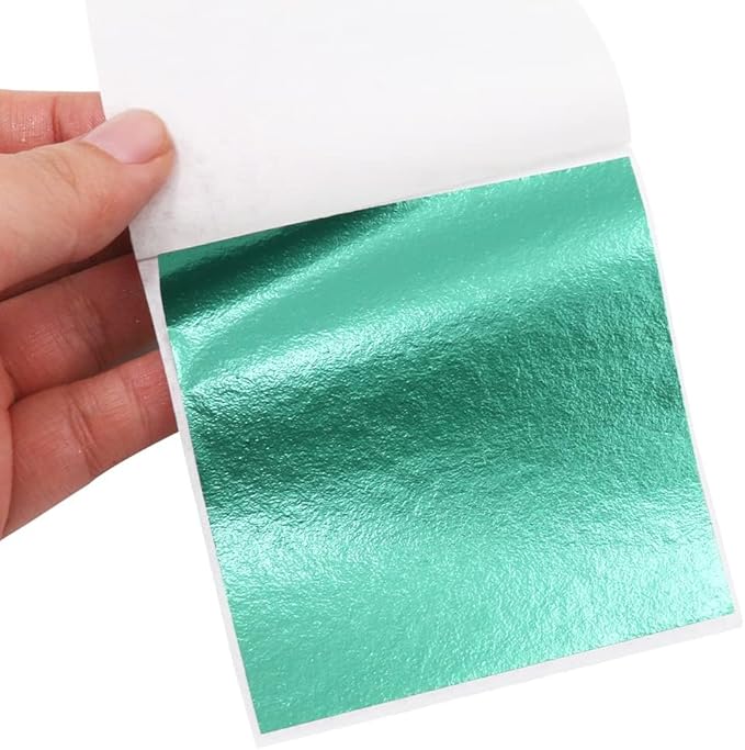KINNO Gold Leaf Sheets - 100 Sheets, Cyan Gold Foil for Arts, Decoration, Gilding, Handcrafts, Picture Frames, Paintings, Furniture, Wall (3.15 x 3.35 Inches)