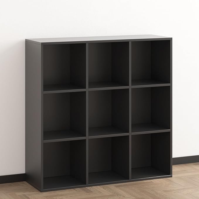 Wooden 9 Cube Storage Organizer with Closed Back Panel,Black Cube Shelf Heavy Duty Cubby Storage Organizer with Compartments for Living,Display Shelf,Bookshelf