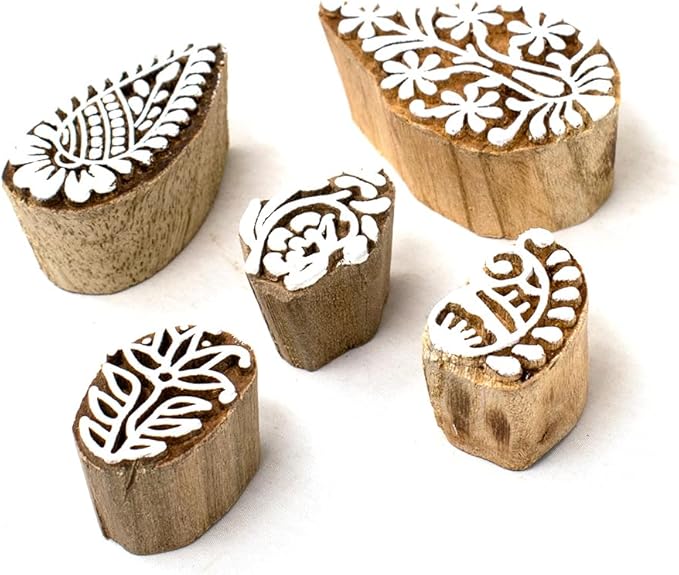 Small Floral Design Pottery Stamps - Indian Wooden Printing Stamps for Block Printing/Craft Card Making/Scrapbook/Clay Set of 5 | Hashcart®