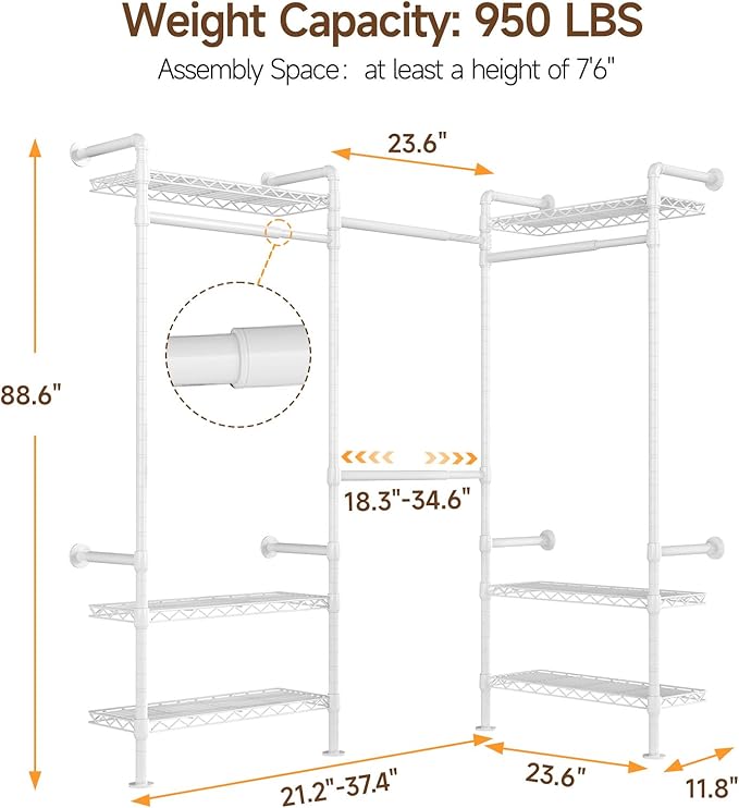 L3 Industrial Pipe Closet Organizer System, Wall Mounted Clothes Rack Clothing Racks with 4 Telescopic Rods & 6 Shelves , Heavy Duty Closet System in Wardrobe Closet (White)
