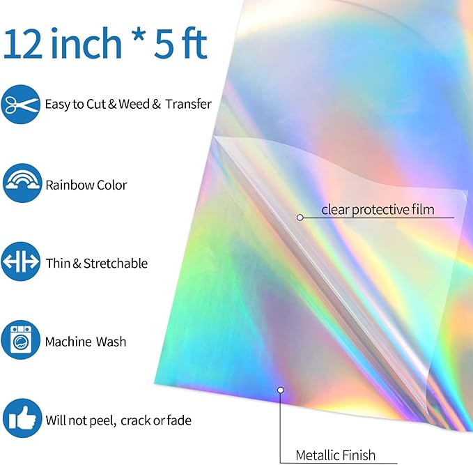 VINYL FROG Metallic Foil HTV Vinyl Roll 12" x5ft Holographic Silver Heat Transfer Vinyl Chrome Iron on Vinyl Easy to Cut & Weed DIY Heat Press Design for T-Shirts