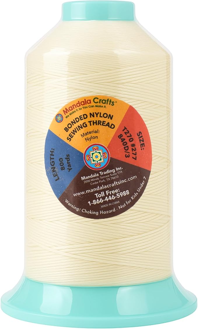 Mandala Crafts Size 277 840D T270 Bonded Nylon Thread Ivory Heavy Duty Sewing Threads - 800 YDs Tex 270 Thread for Leather, Jeans, Weaving, Outdoor Marine Upholstery Threads