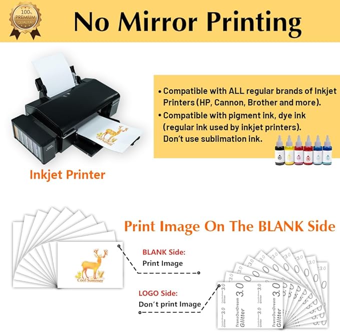TransOurDream Glitter 3.0 Heat Transfer Paper for Inkjet Printer (20 Sheets, 8.5x11'') Printable Heat Transfer Vinyl for T Shirts Iron on Transfers for Light & Dark Fabric (TOD-GL3-20)